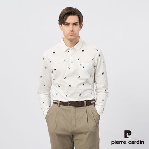 【pierre cardin皮爾卡登】男裝 麋鹿印花長袖POLO衫-米白色 (5235263-90)