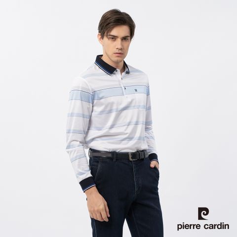 Pierre Cardin 皮爾卡登 男裝 定位橫條印花長袖POLO衫-水藍色 (5235264-35)