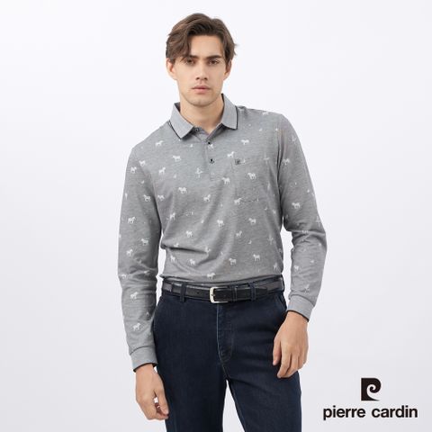 【pierre cardin皮爾卡登】男裝 雙色斑馬印花長袖POLO衫-深灰色 (5235267-96)