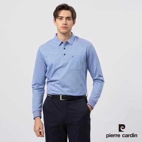 【pierre cardin皮爾卡登】男裝 雙色PK葉片印花長袖POLO衫-淺藍色 (5235290-35)