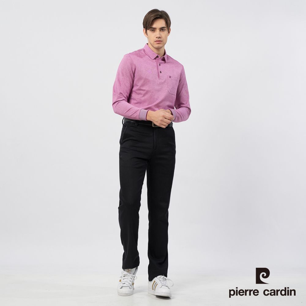 Pierre Cardin 皮爾卡登 男裝 雙色PK葉片印花長袖POLO衫-淺紫紅 (5235290-76)