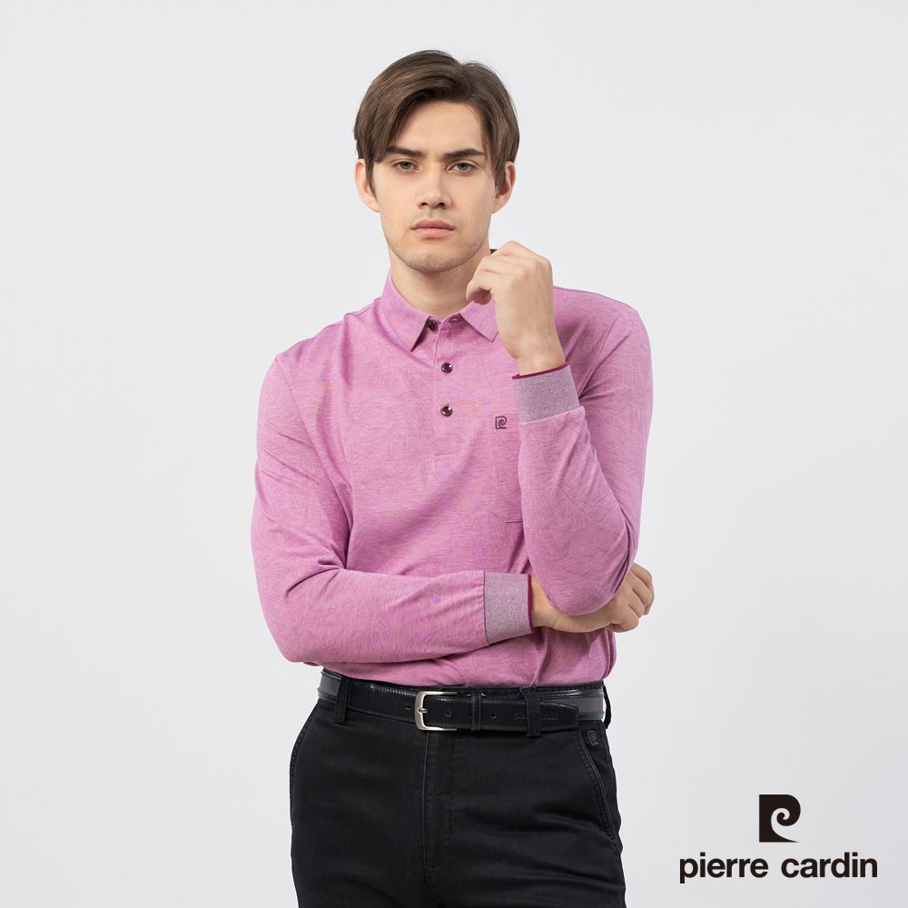 Pierre Cardin 皮爾卡登 男裝 雙色PK葉片印花長袖POLO衫-淺紫紅 (5235290-76)