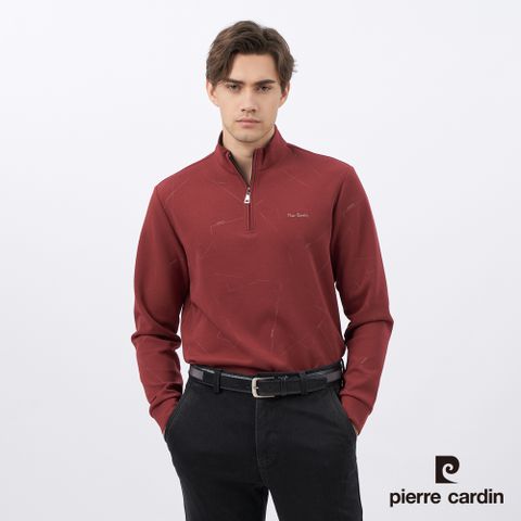 【pierre cardin皮爾卡登】男裝 半高領印花長袖棉衫-棗紅色 (5235291-78)