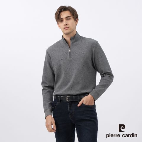【pierre cardin皮爾卡登】男裝 半高領印花長袖棉衫-花灰色 (5235291-96)