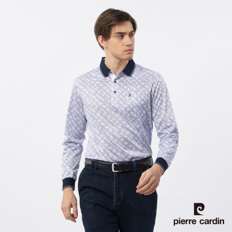 Pierre Cardin 皮爾卡登 男裝 棉質混紡線條循環印花長袖POLO衫-藍色 (5235260-37)