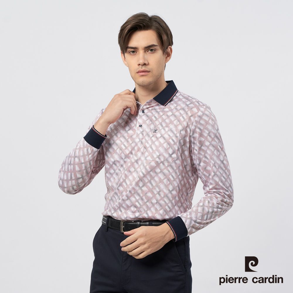 Pierre Cardin 皮爾卡登 男裝 棉質混紡線條循環印花長袖POLO衫-紅色 (5235260-78)