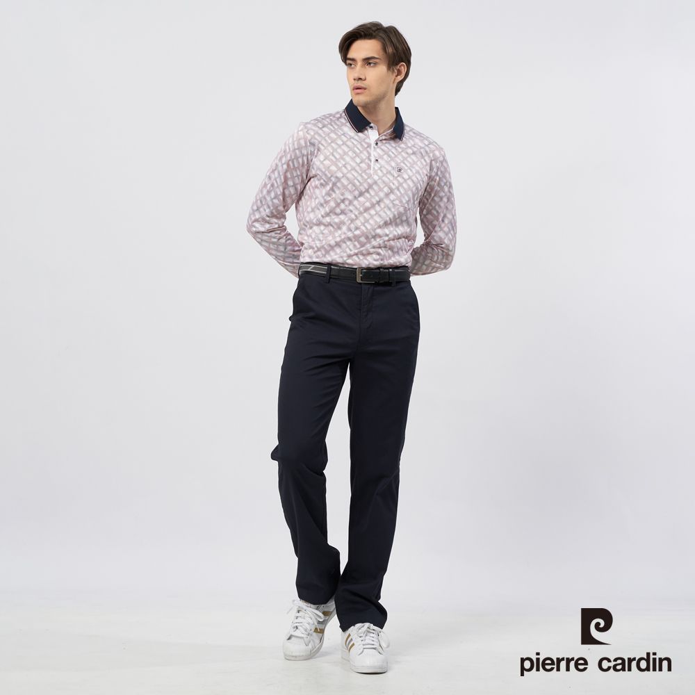 Pierre Cardin 皮爾卡登 男裝 棉質混紡線條循環印花長袖POLO衫-紅色 (5235260-78)