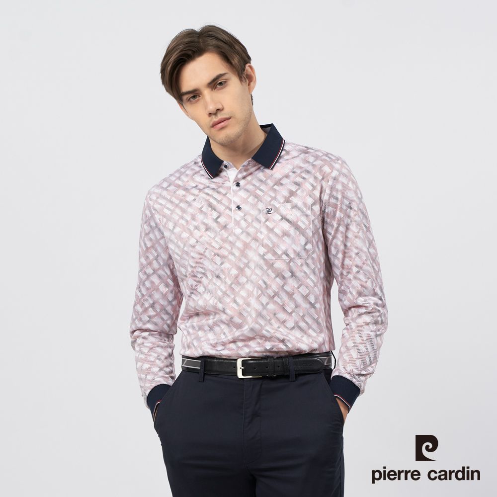 Pierre Cardin 皮爾卡登 男裝 棉質混紡線條循環印花長袖POLO衫-紅色 (5235260-78)