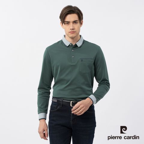 【pierre cardin皮爾卡登】男裝 棉質混紡素色長袖POLO衫-綠色 (5235294-47)