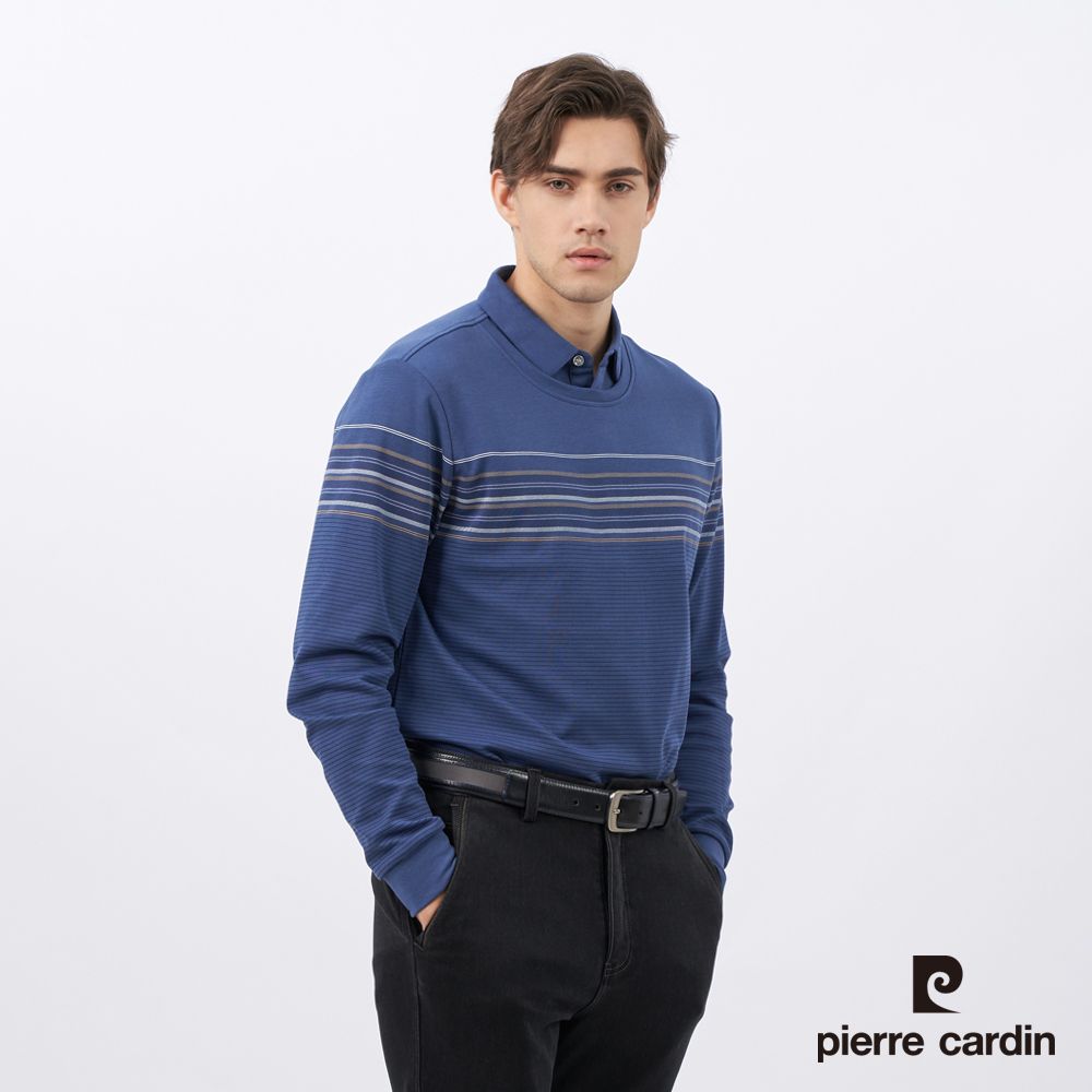 Pierre Cardin 皮爾卡登 男裝 棉質混紡印花假兩件襯衫領長袖POLO衫-藍色 (5235297-37)