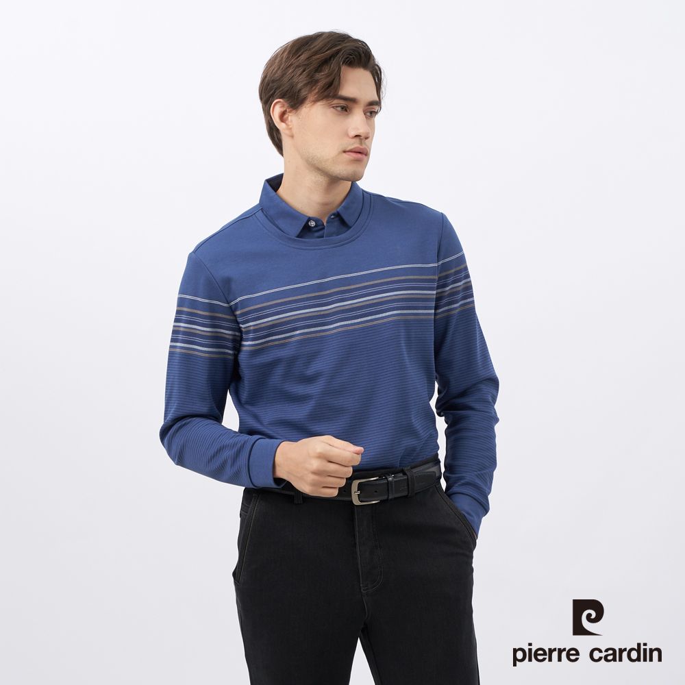 Pierre Cardin 皮爾卡登 男裝 棉質混紡印花假兩件襯衫領長袖POLO衫-藍色 (5235297-37)