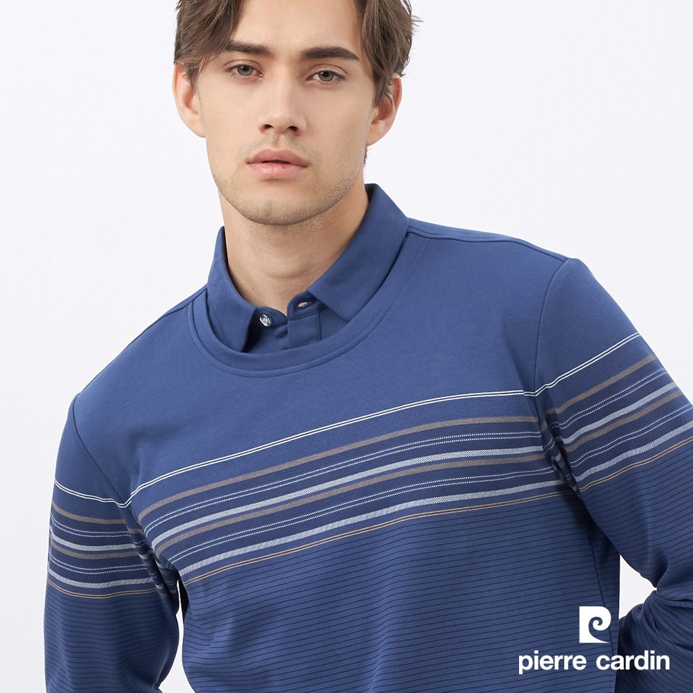 Pierre Cardin 皮爾卡登 男裝 棉質混紡印花假兩件襯衫領長袖POLO衫-藍色 (5235297-37)