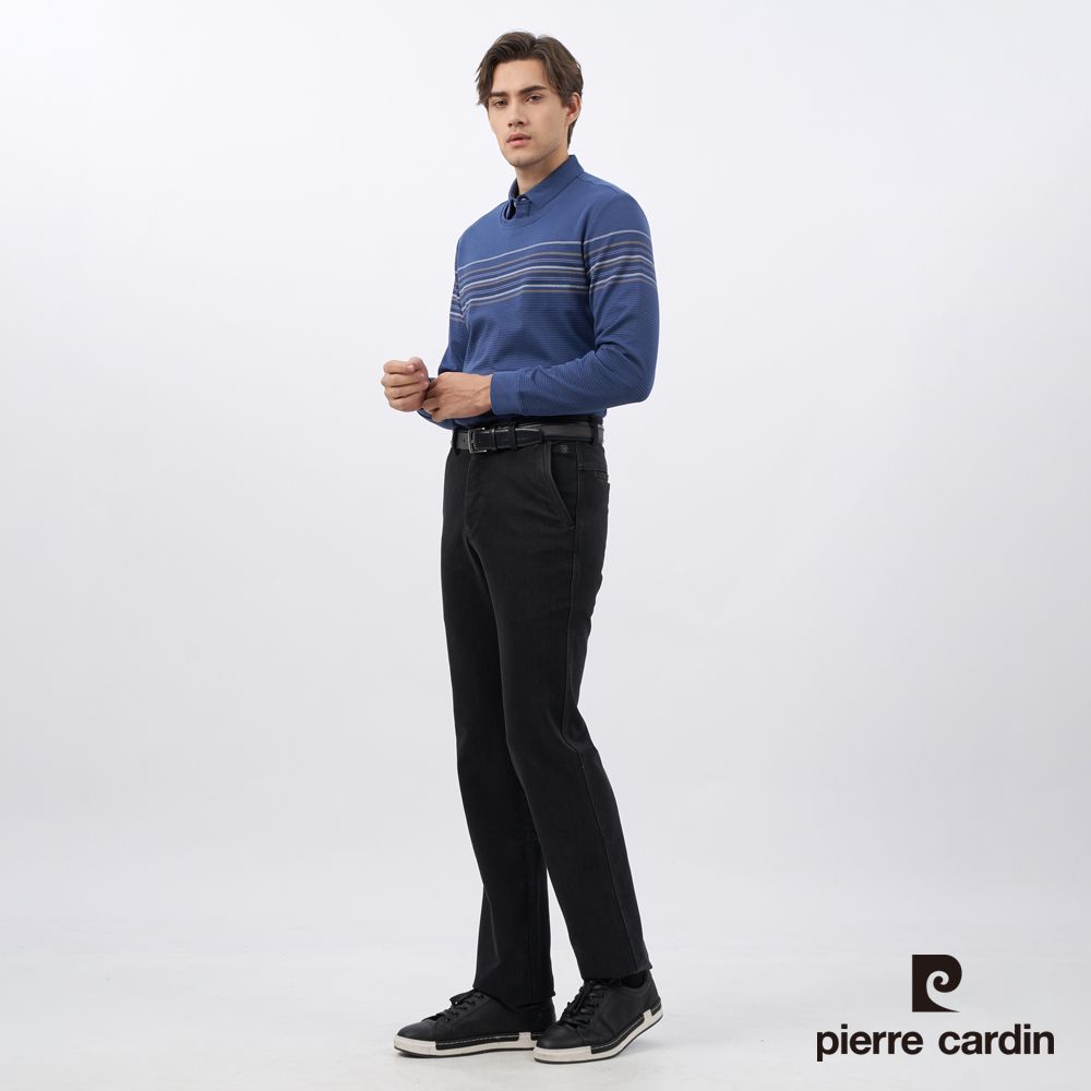 Pierre Cardin 皮爾卡登 男裝 棉質混紡印花假兩件襯衫領長袖POLO衫-藍色 (5235297-37)