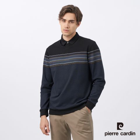 Pierre Cardin 皮爾卡登 男裝 棉質混紡印花假兩件襯衫領長袖POLO衫-黑色 (5235297-99)