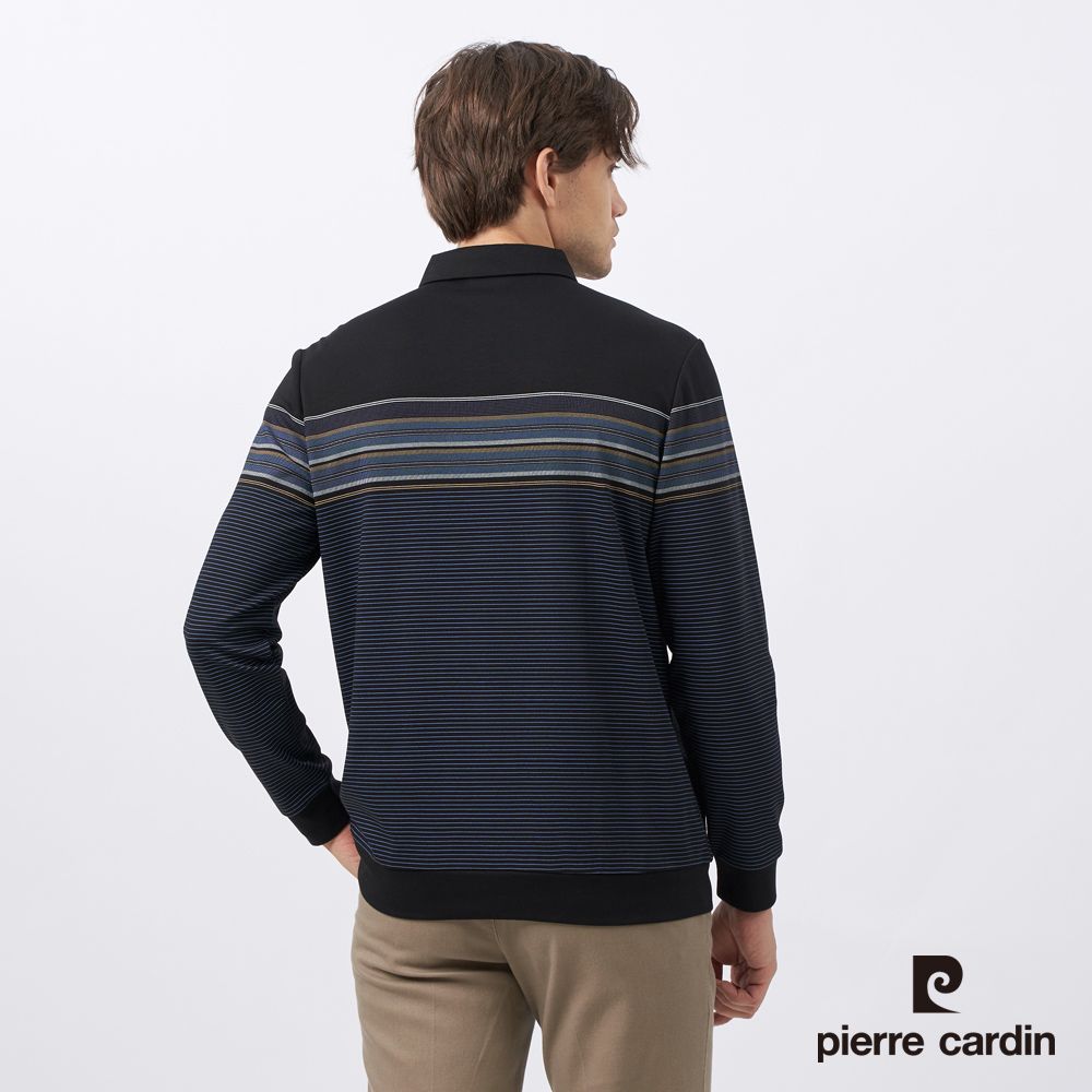 Pierre Cardin 皮爾卡登 男裝 棉質混紡印花假兩件襯衫領長袖POLO衫-黑色 (5235297-99)