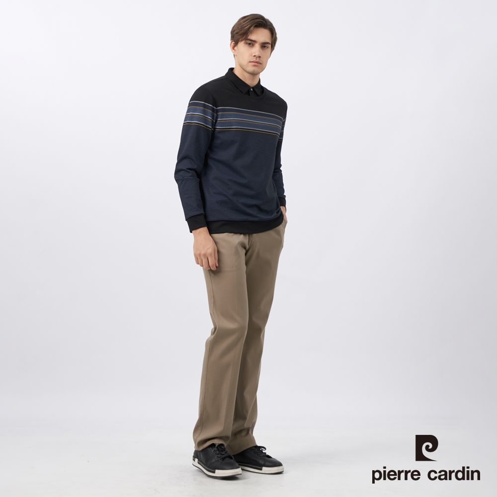 Pierre Cardin 皮爾卡登 男裝 棉質混紡印花假兩件襯衫領長袖POLO衫-黑色 (5235297-99)