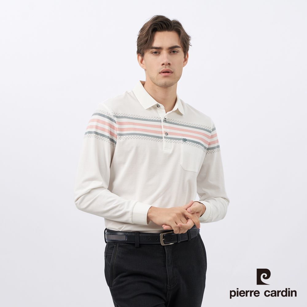 Pierre Cardin 皮爾卡登 男裝 棉質混紡彈性定位條長袖POLO衫-白色 (5235298-90)