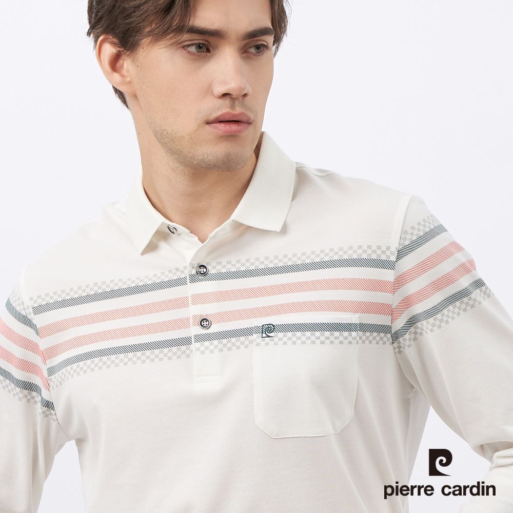 Pierre Cardin 皮爾卡登 男裝 棉質混紡彈性定位條長袖POLO衫-白色 (5235298-90)