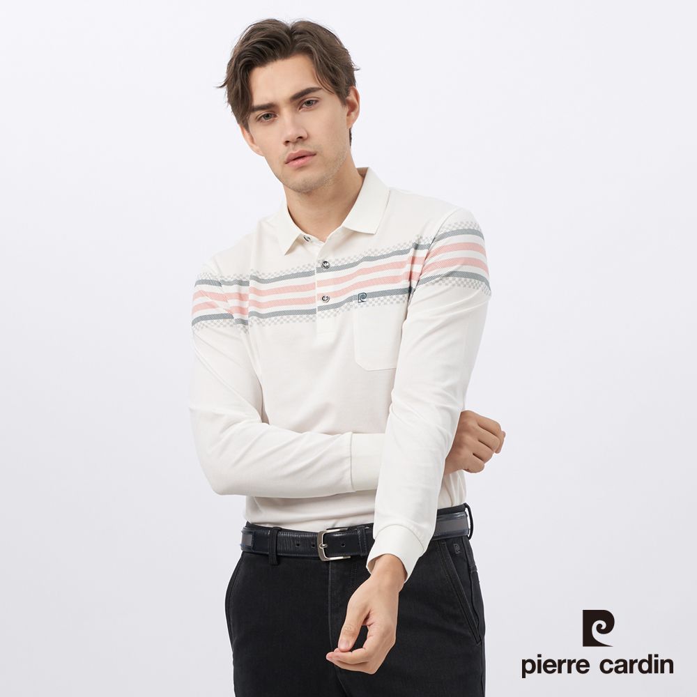 Pierre Cardin 皮爾卡登 男裝 棉質混紡彈性定位條長袖POLO衫-白色 (5235298-90)