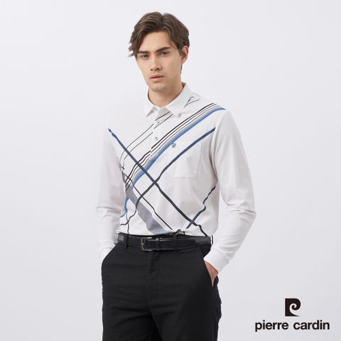 Pierre Cardin 皮爾卡登 男裝 棉質混紡彈性大定位印花長袖POLO衫-白色 (5235299-90)