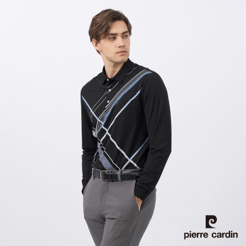 【pierre cardin皮爾卡登】男裝 棉質混紡彈性大定位印花長袖POLO衫-黑色 (5235299-99)