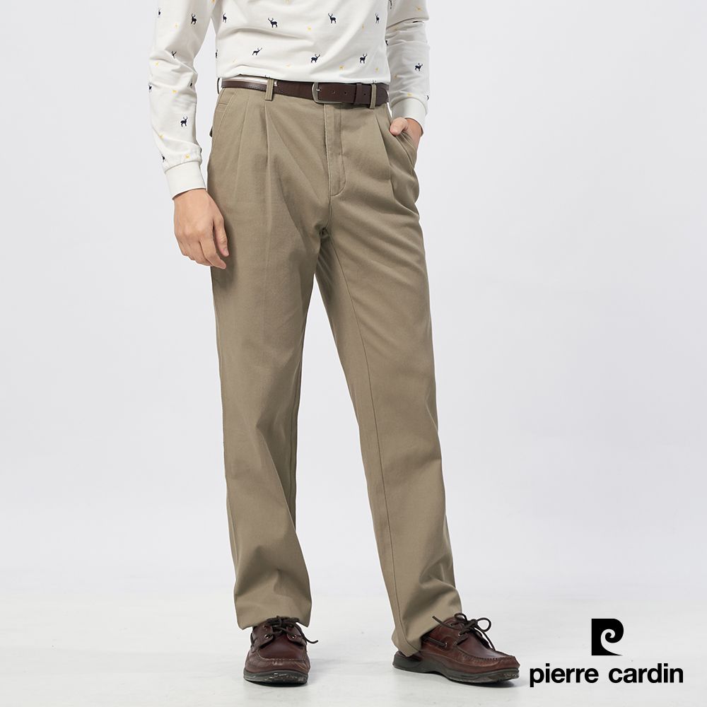 Pierre Cardin 皮爾卡登 男裝 棉混微彈性打折休閒長褲-卡其色 (5235876-84)