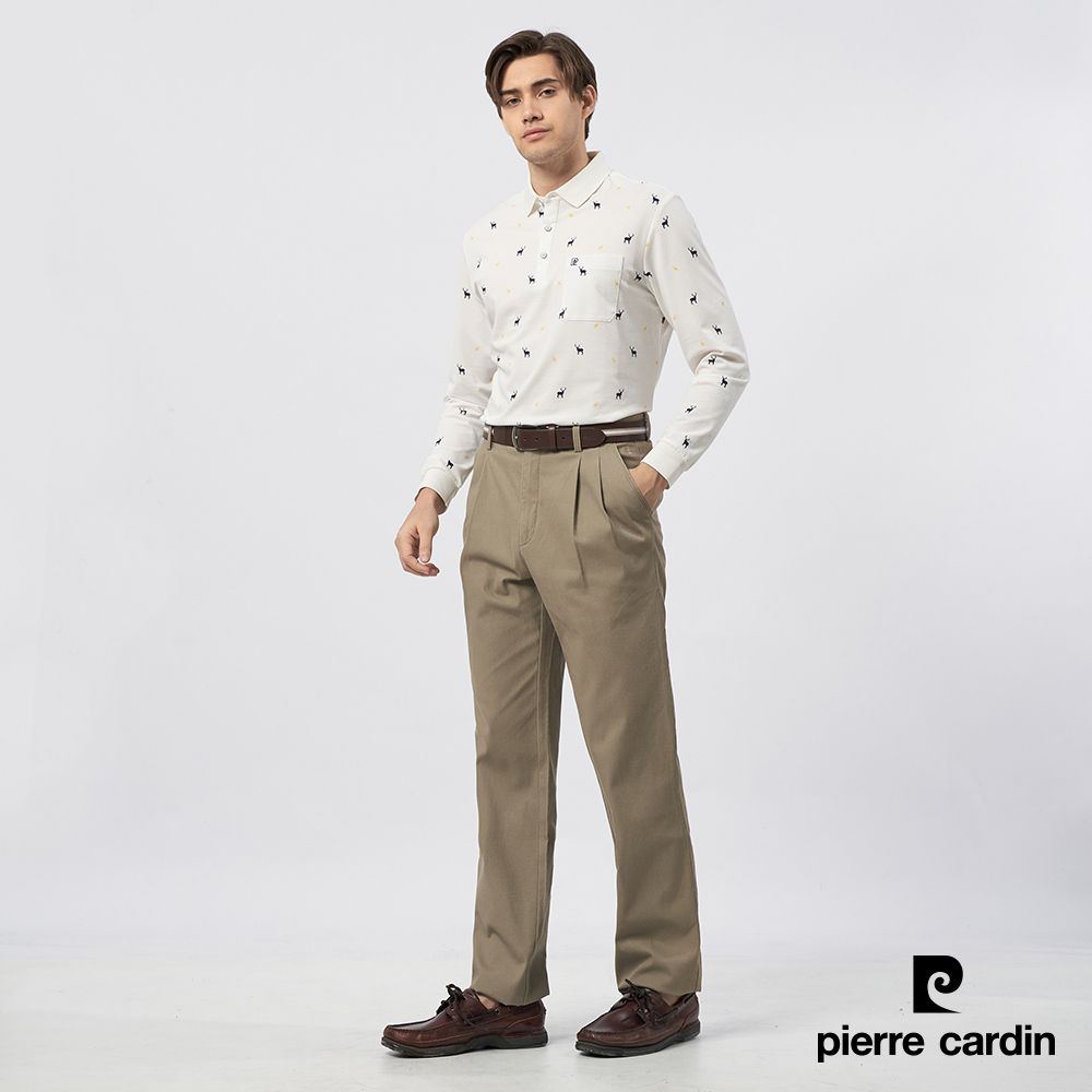 Pierre Cardin 皮爾卡登 男裝 棉混微彈性打折休閒長褲-卡其色 (5235876-84)