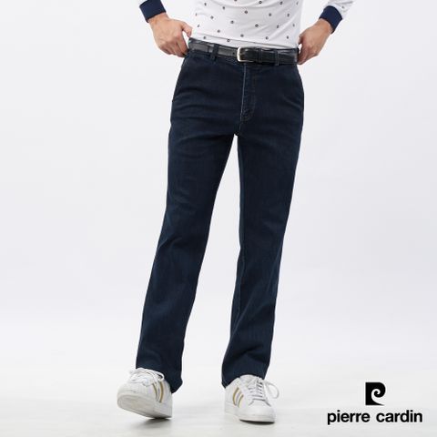 Pierre Cardin 皮爾卡登 男裝 棉混微彈性平口牛仔休閒長褲-藍色 (5235877-38)