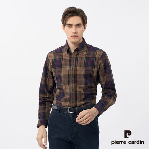 Pierre Cardin 皮爾卡登 男款 休閒格紋長袖襯衫-咖啡色 (5235162-39)