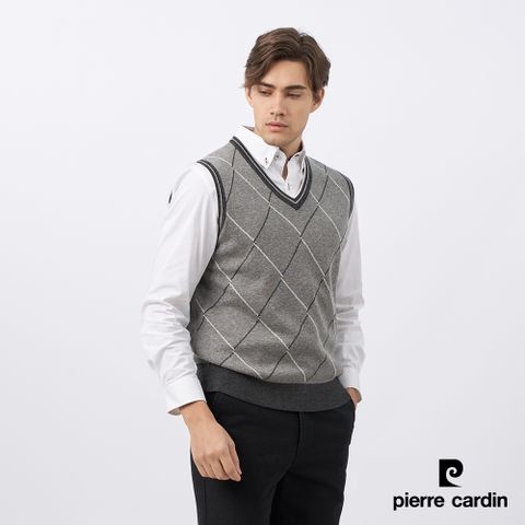 Pierre Cardin 皮爾卡登 男款 混紡羊毛V領菱格緹花毛衣背心-麻灰色 (5235461-95)