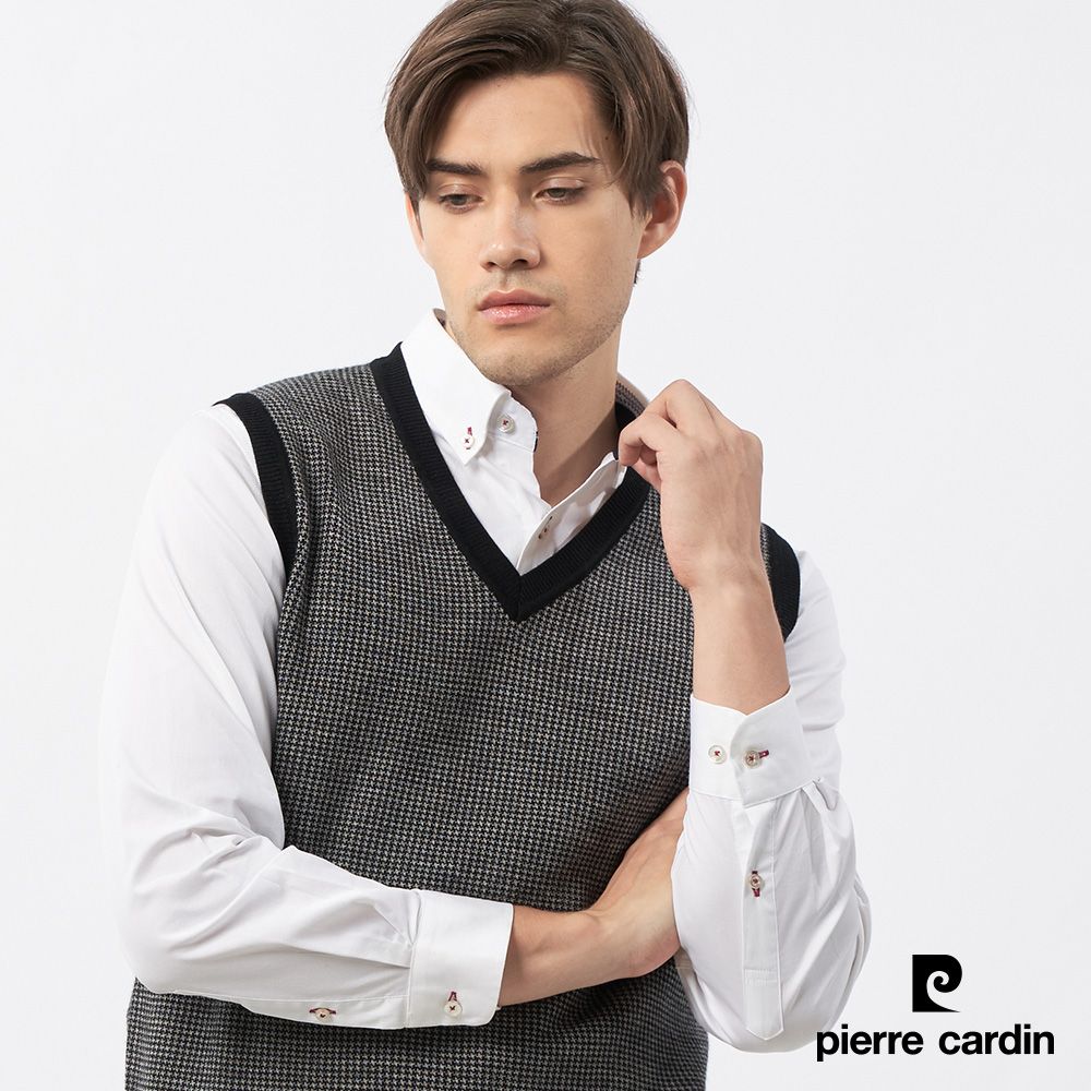 Pierre Cardin 皮爾卡登 男款 混紡羊毛V領小緹花毛衣背心-黑色 (5235462-99)