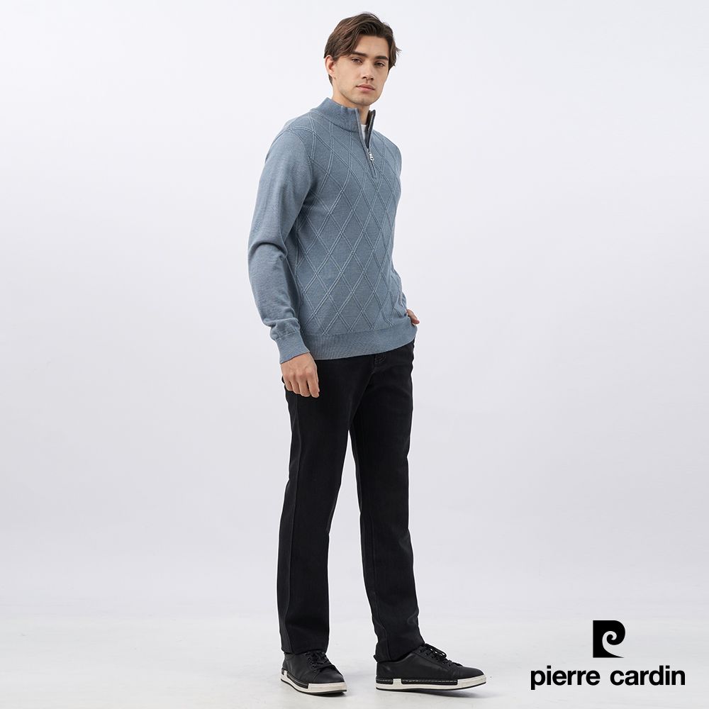 Pierre Cardin 皮爾卡登 男款 混紡羊毛半高領拉鍊毛衣-灰籃色 (5235471-36)