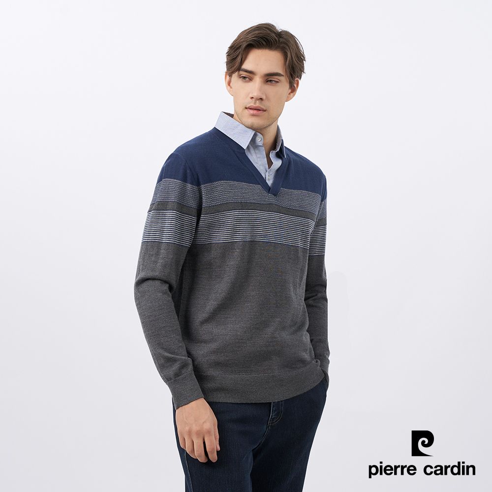 Pierre Cardin 皮爾卡登 男款 羊毛混紡定位條襯衫領假兩件毛衣-深藍色 (5235472-38)
