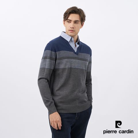 Pierre Cardin 皮爾卡登 男款 羊毛混紡定位條襯衫領假兩件毛衣-深藍色 (5235472-38)