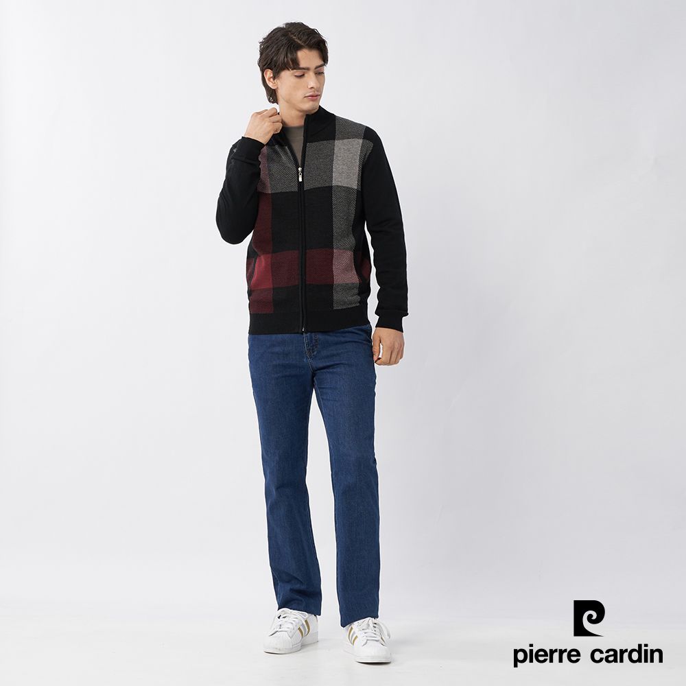 Pierre Cardin 皮爾卡登 男款 羊毛混紡大格紋全開拉鍊毛衣外套-黑色 (5235477-99)