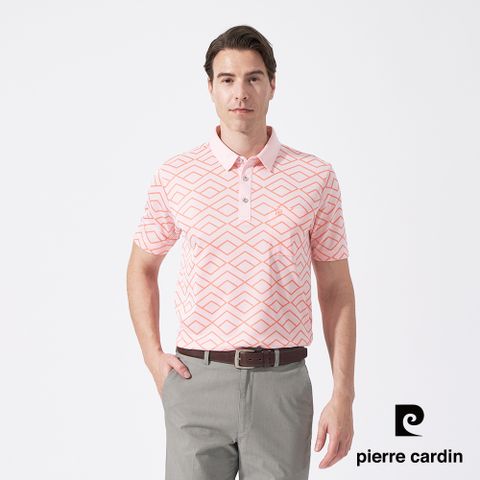 Pierre Cardin 皮爾卡登 男款 緹花短袖襯衫領polo衫-粉橘色 (5247201-65)