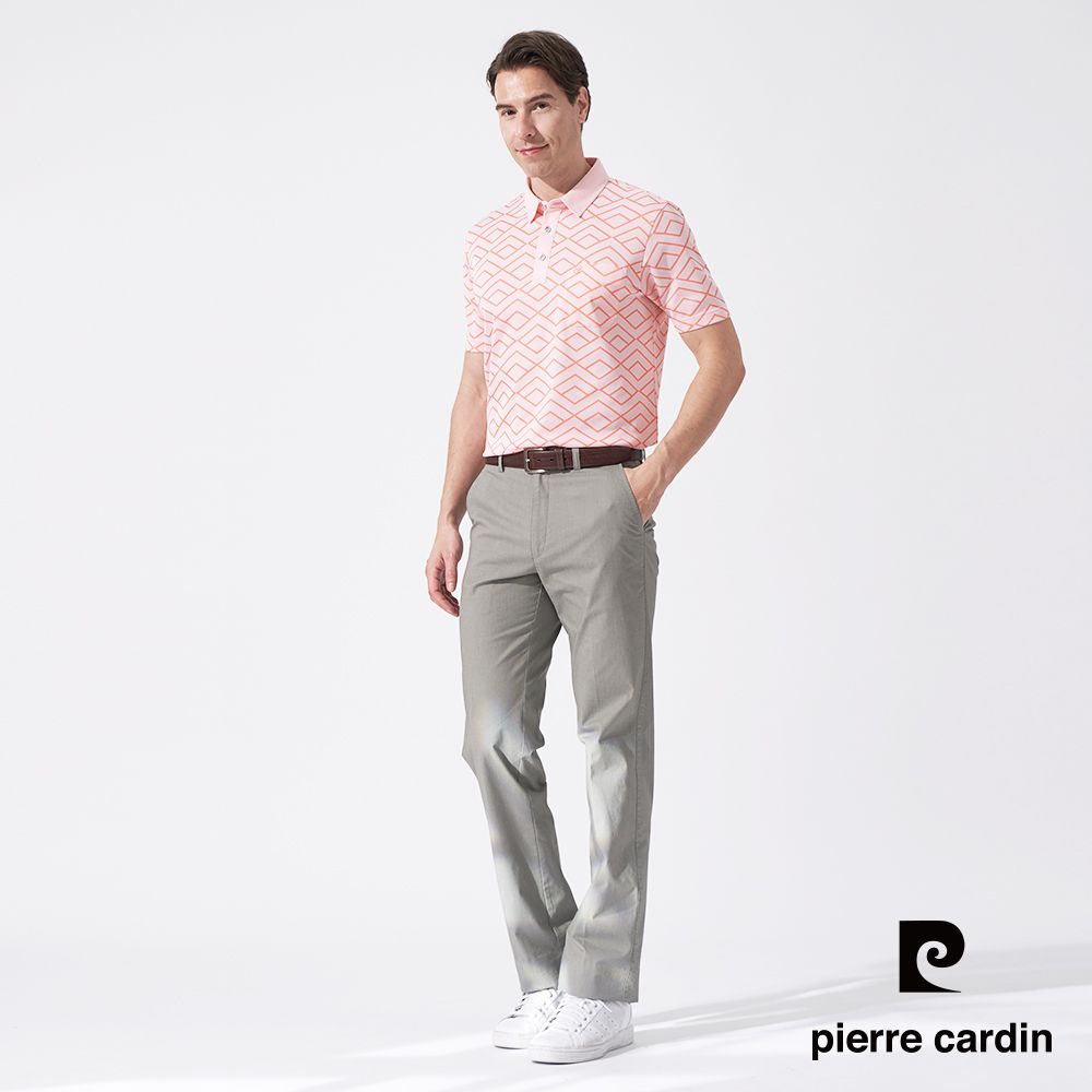 Pierre Cardin 皮爾卡登 男款 緹花短袖襯衫領polo衫-粉橘色 (5247201-65)