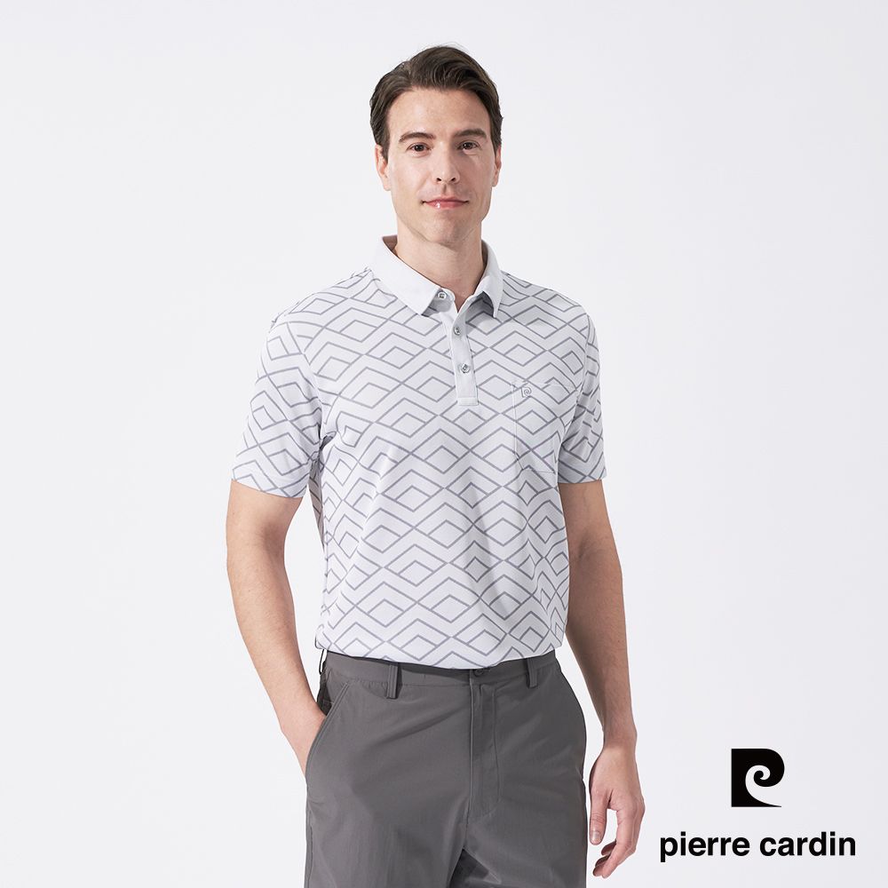 Pierre Cardin 皮爾卡登 男款 緹花短袖襯衫領polo衫-淺灰色 (5247201-95)