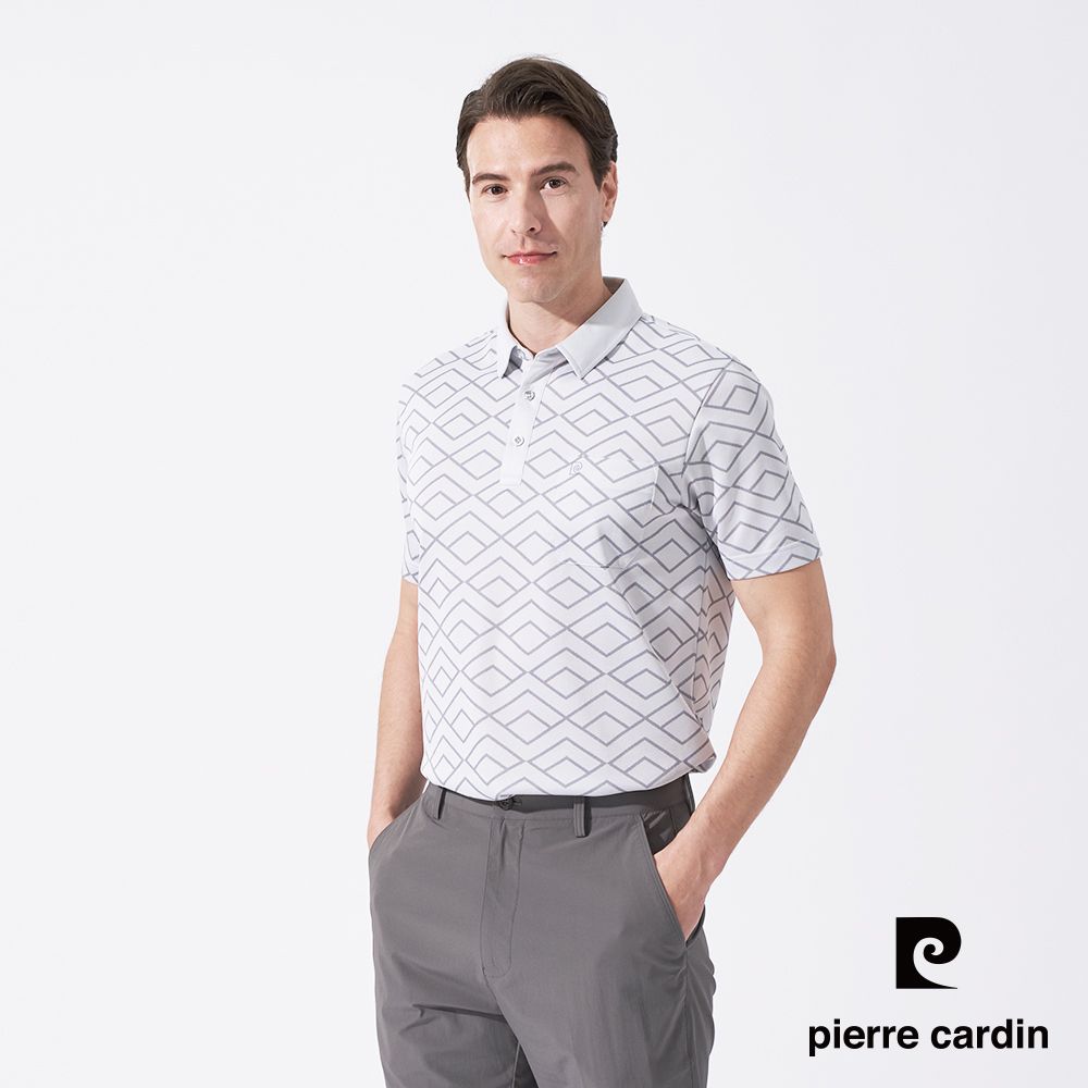 Pierre Cardin 皮爾卡登 男款 緹花短袖襯衫領polo衫-淺灰色 (5247201-95)