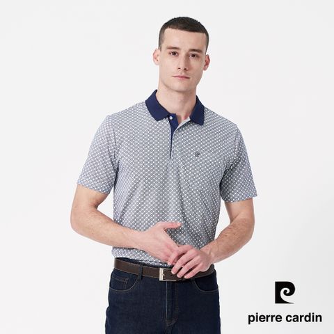 【pierre cardin 皮爾卡登】男款 吸濕排汗印花短袖polo衫-深藍色 (5247205-38)