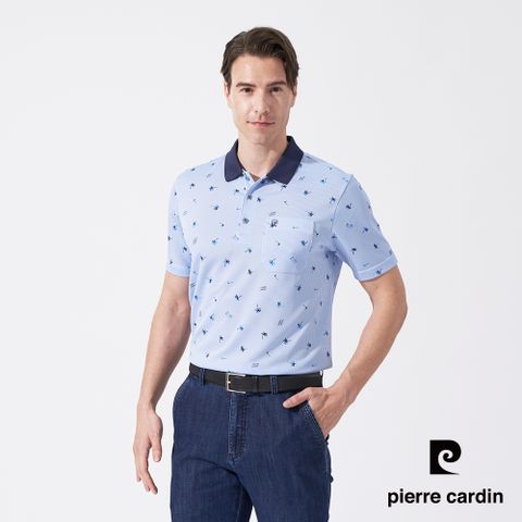 Pierre Cardin 皮爾卡登 男款 吸濕排汗直條加印花短袖polo衫-水藍色 (5247206-35)