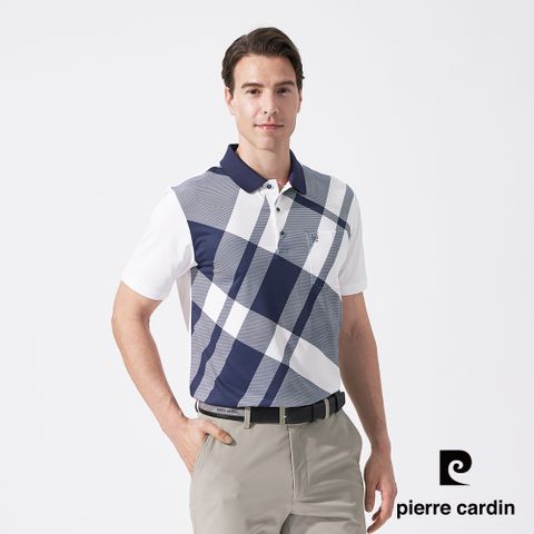 【pierre cardin 皮爾卡登】男款 吸濕排汗胸前印斜格短袖polo衫-深藍色 (5247207-38)