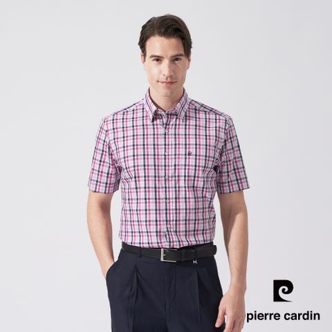 Pierre Cardin 皮爾卡登 男款 純棉格紋短袖襯衫-桃紅色 (5247161-75)