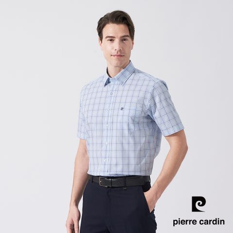 Pierre Cardin 皮爾卡登 男款 純棉格紋短袖襯衫-水藍色 (5247164-35)