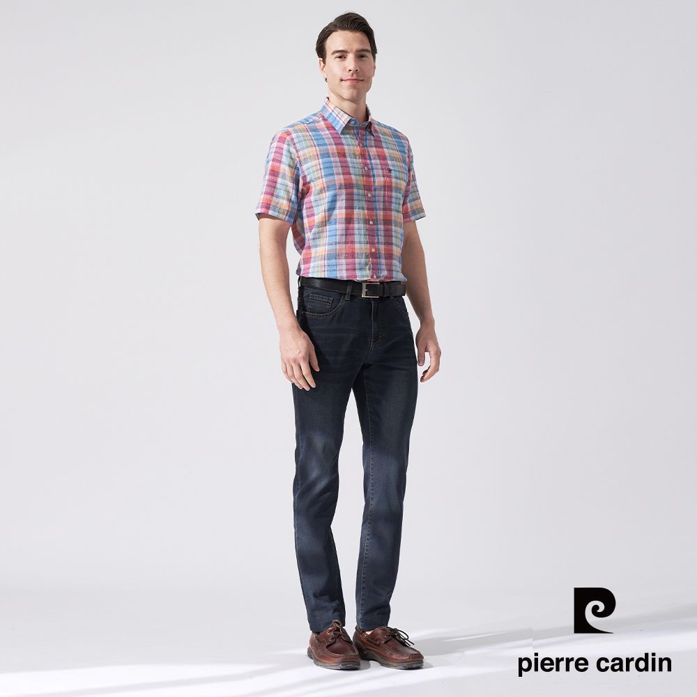 Pierre Cardin 皮爾卡登 男款 棉質混紡格紋短袖襯衫-藍色 (5247165-36)