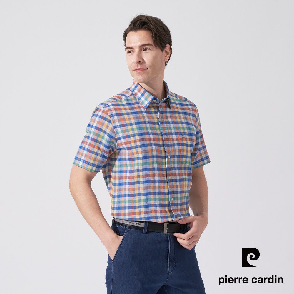 Pierre Cardin 皮爾卡登 男款 棉質混紡格紋短袖襯衫-藍色 (5247166-36)