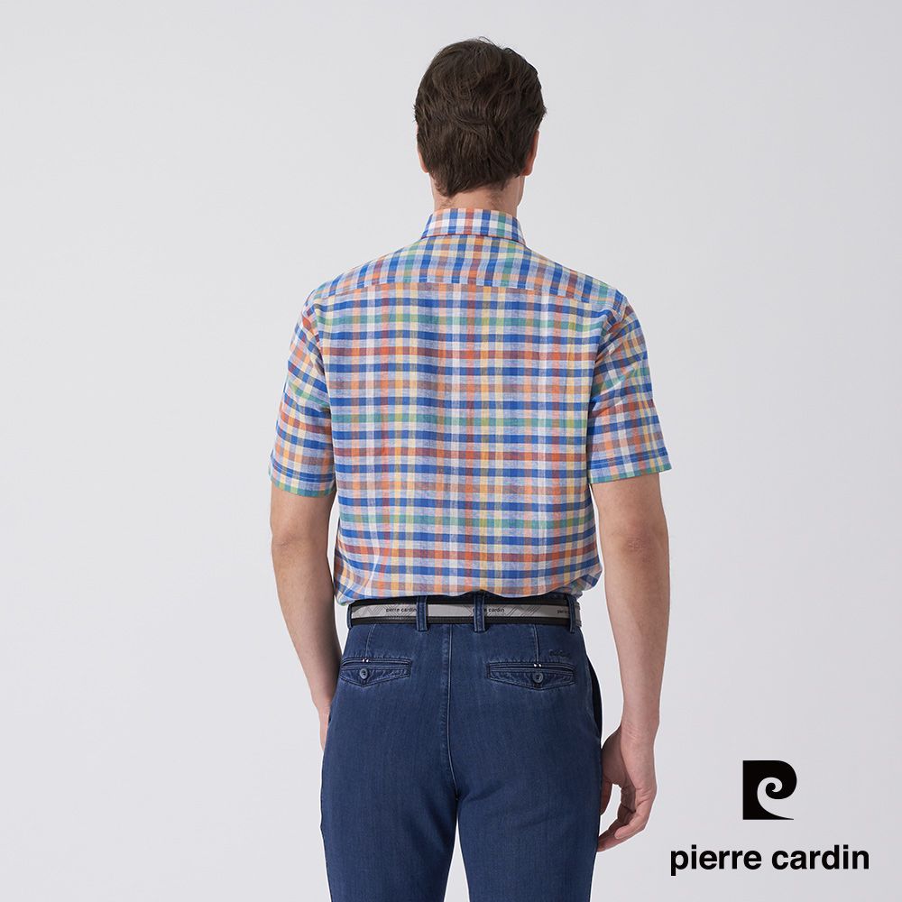 Pierre Cardin 皮爾卡登 男款 棉質混紡格紋短袖襯衫-藍色 (5247166-36)