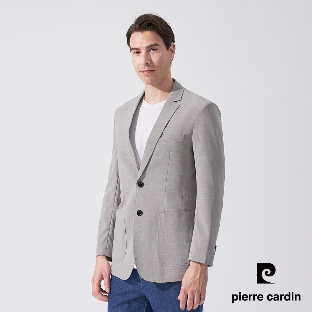 Pierre Cardin 皮爾卡登 男款 時尚細格彈力休閒西裝外套-淺卡其 (5247572-84)