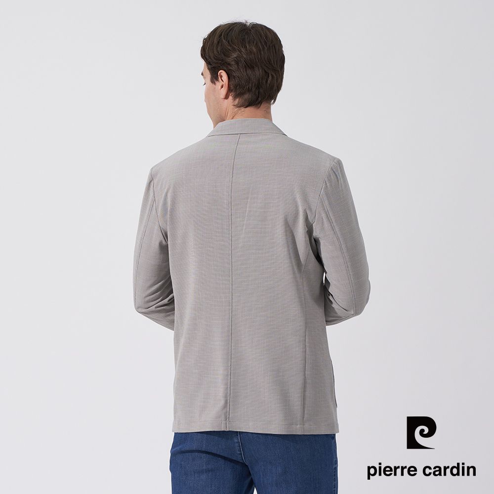 Pierre Cardin 皮爾卡登 男款 時尚細格彈力休閒西裝外套-淺卡其 (5247572-84)