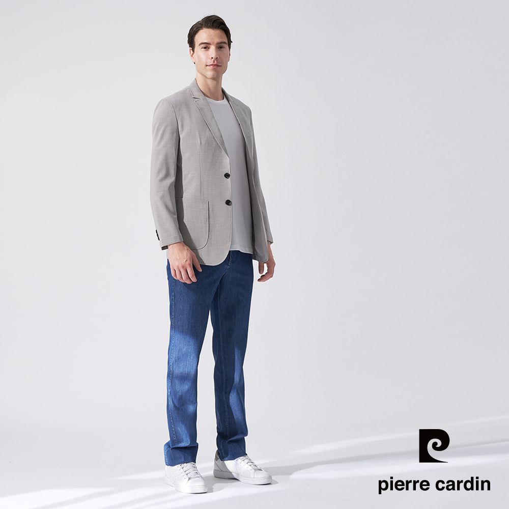 Pierre Cardin 皮爾卡登 男款 時尚細格彈力休閒西裝外套-淺卡其 (5247572-84)